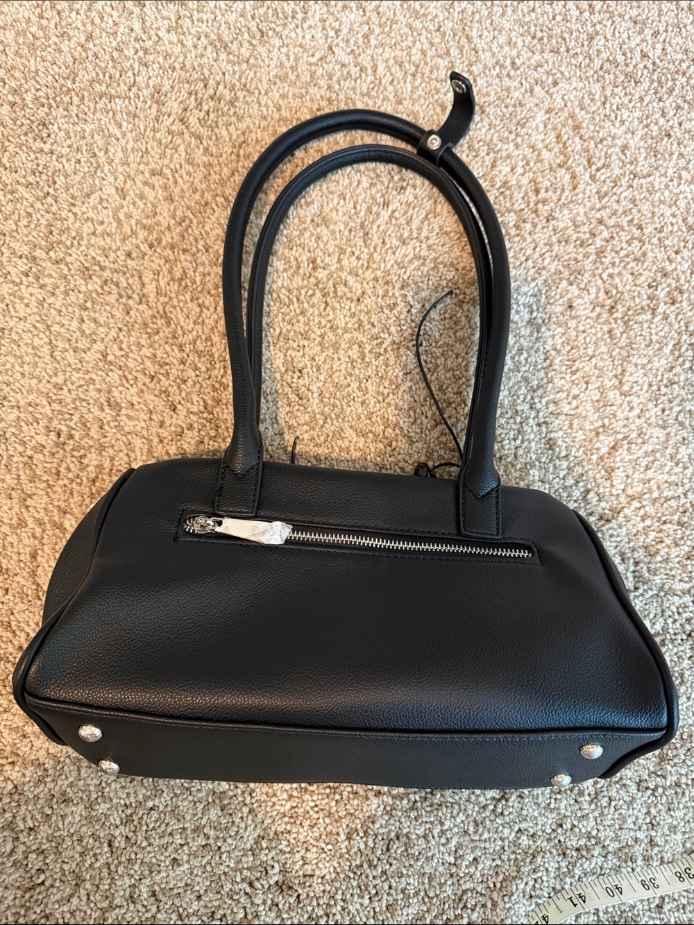 Design Inspired Black Leather Tote Bag With Silver Triangle Logo - Picture 3 of 5